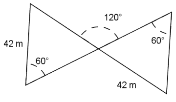 Figuren består av to trekanter som har et hjørne felles (og ikke overlapper ellers). Begge har en side på 42 m, og begge har vinkel på 60 grader. I det felles hjørne  er det tegnet inn en vinkel på 120 grader (dvs. vinkelen mellom en kant i den ene trekanten og en kant i den andre som møtes i hjørnet).